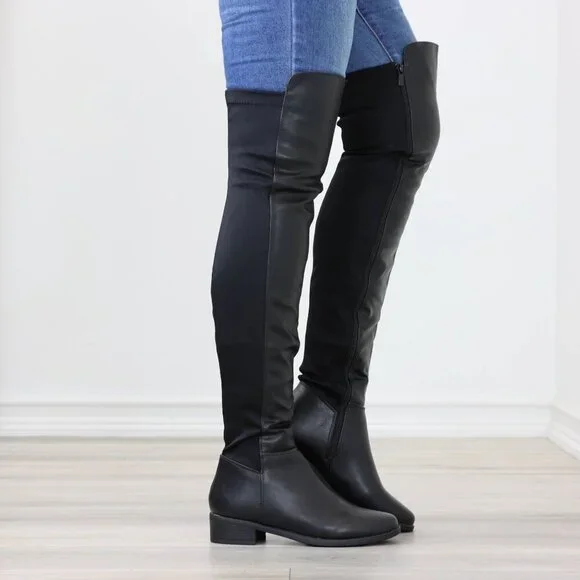 Low Heel Thigh High Boots Over The Knee Faux Leather & Stretchy Material Mix - Picture 2 of 15